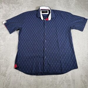 Maceoo Shirt Mens 5/XL Blue Geometric Jacquard Short Sleeve Button Up Casual
